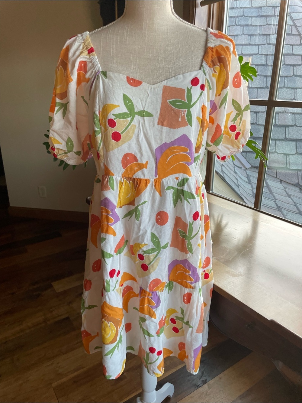 Square-Neck Tiered Mini Dress with Orange & Red Fruit Print size large